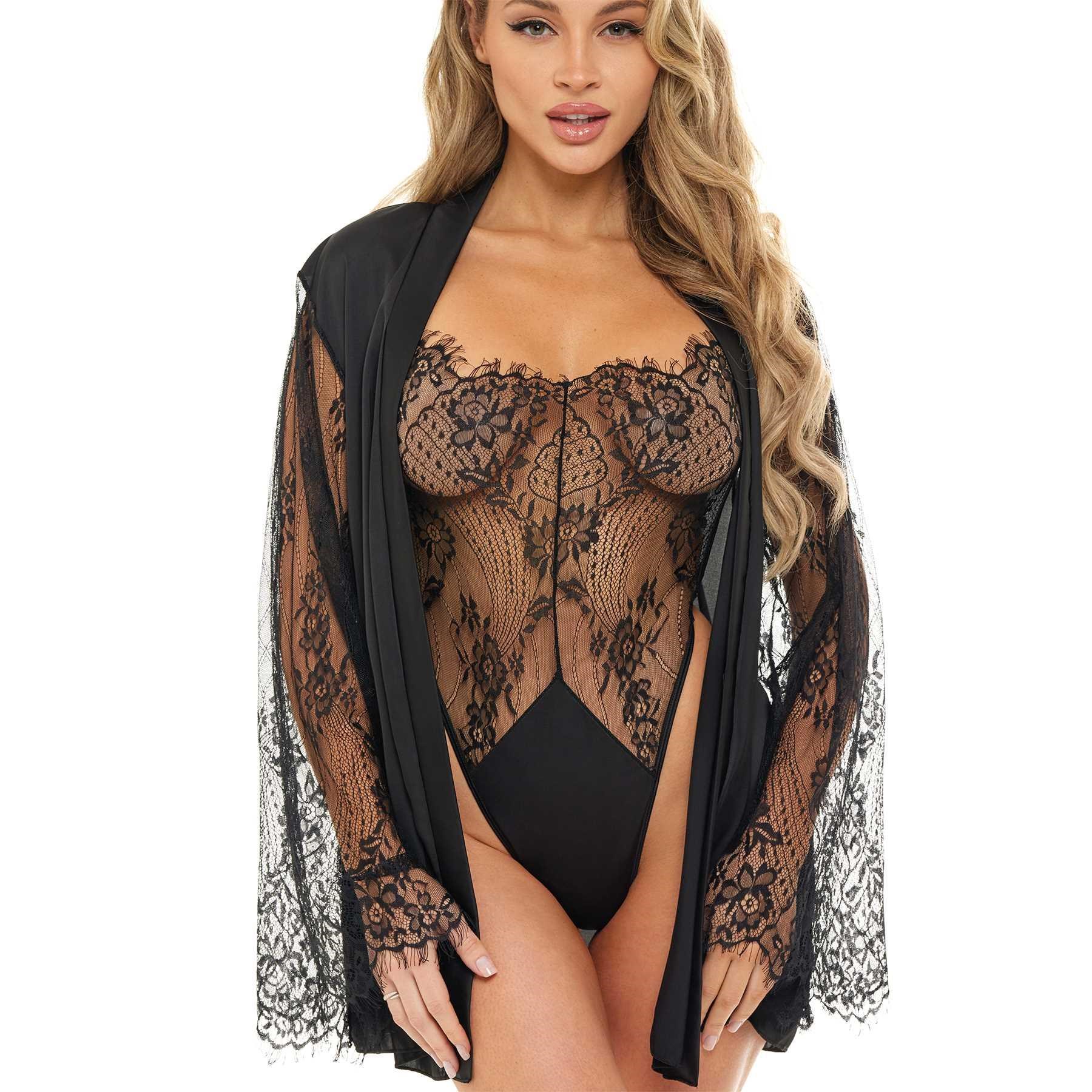 E133 Black  Robe and Teddy Set front