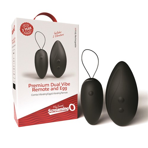 Screaming O Premium Rechargeable Dual Vibe Remote and Egg - Product and Box
