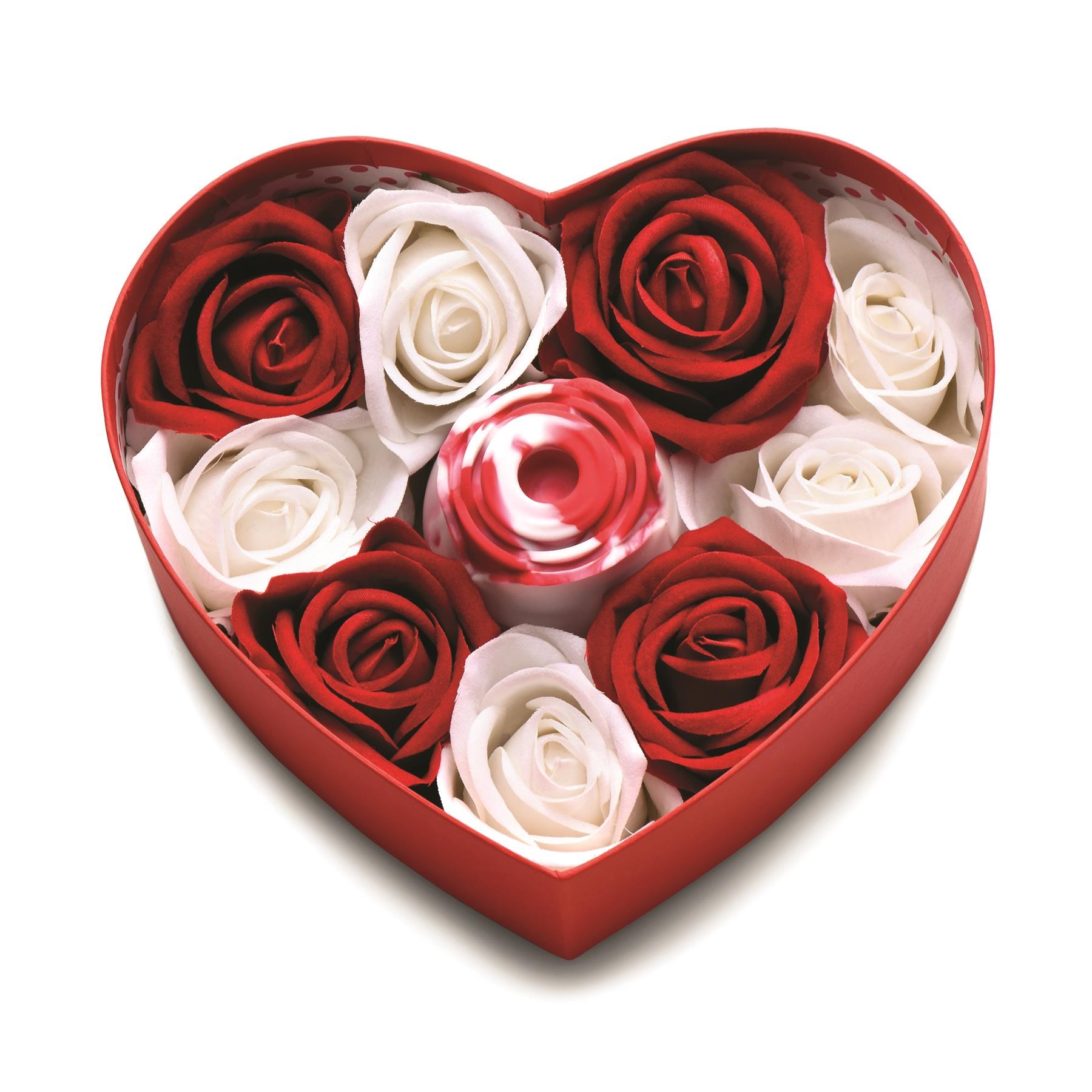 Bloomgasm Rose Lover's Heart Gift Box - Open Box With Vibrator and Petals - Red and White