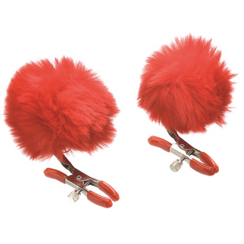 Red Furry Pom Pom Nipple Clamps