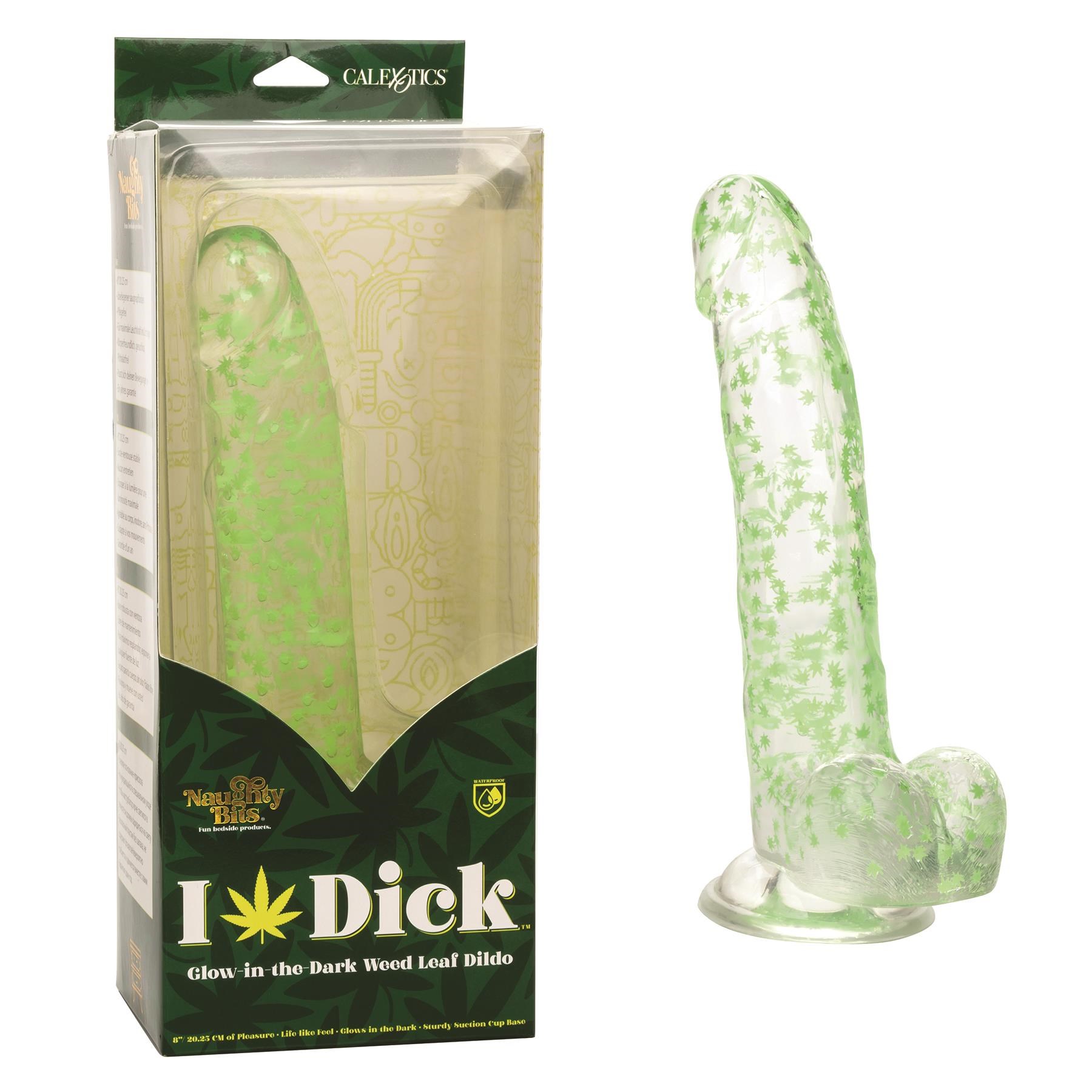 Naughty Bits Leaf Glow In The Dark Dildo - Product and Packaging Shot