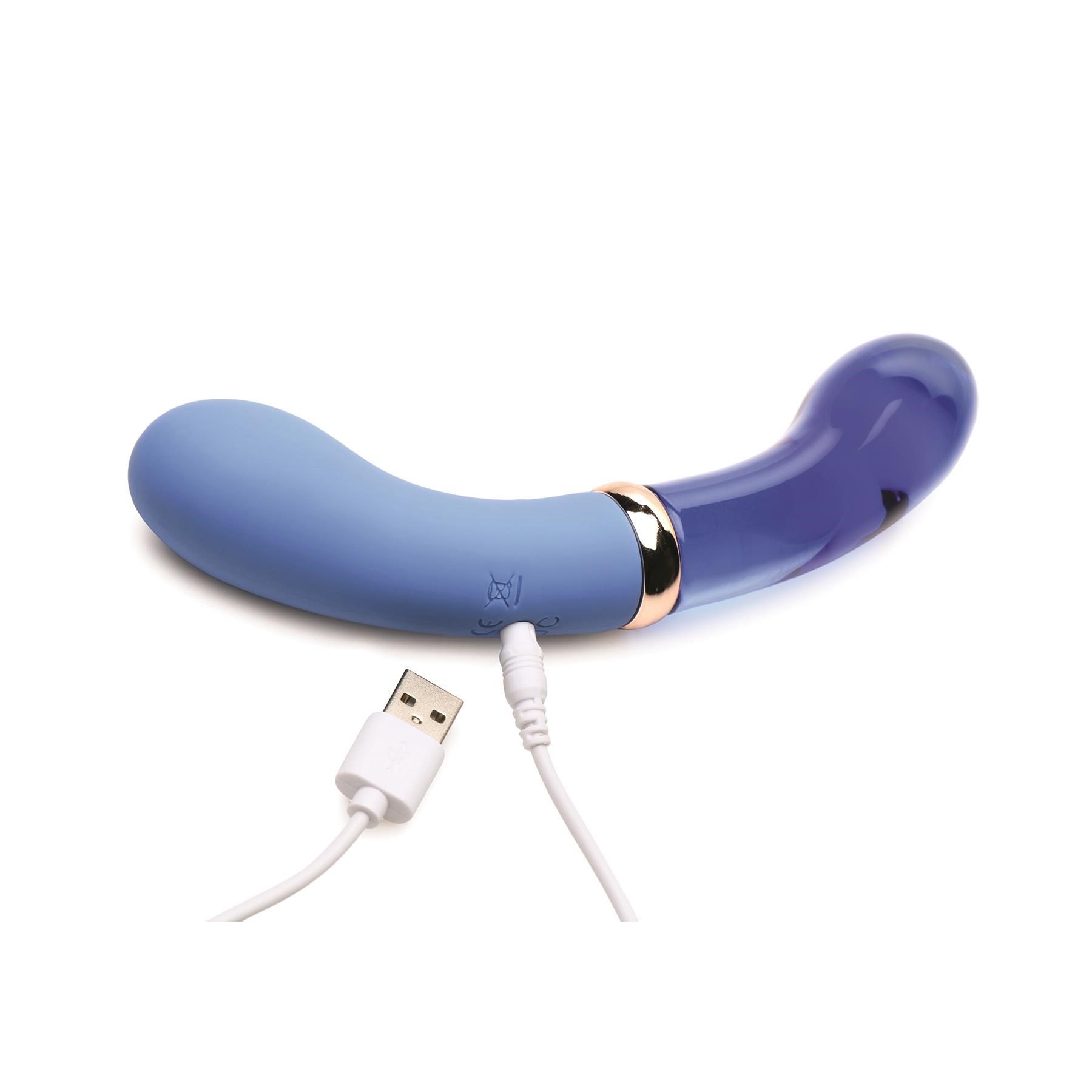 Prisms Vibra-Glass Bleu Dual Ended G-Spot Vibrator - Showing Where Charging Cable is Placed