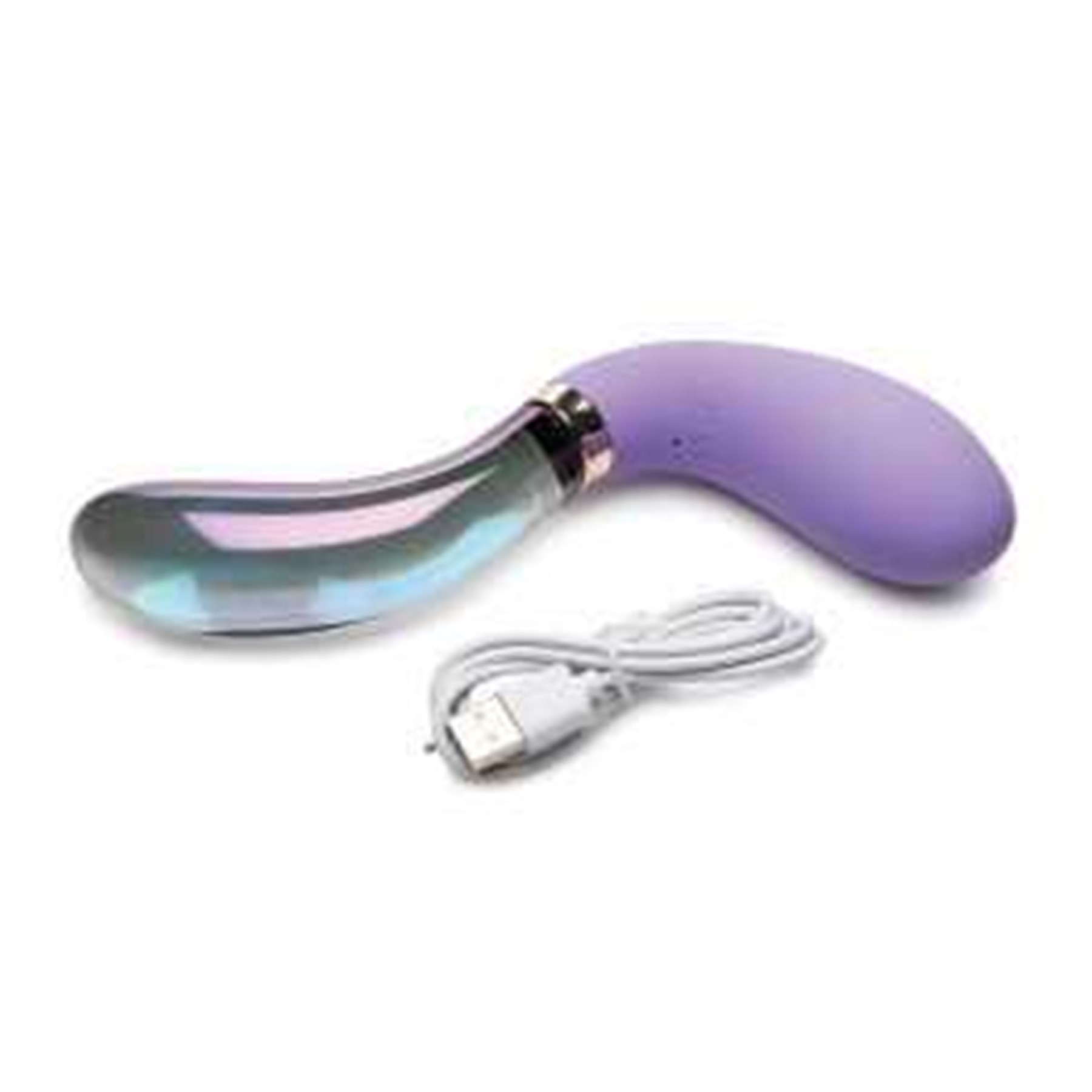 Prisms Vibra-Glass Pari Dual Ended Wavy Vibrator - Product Shot With Charging Cable