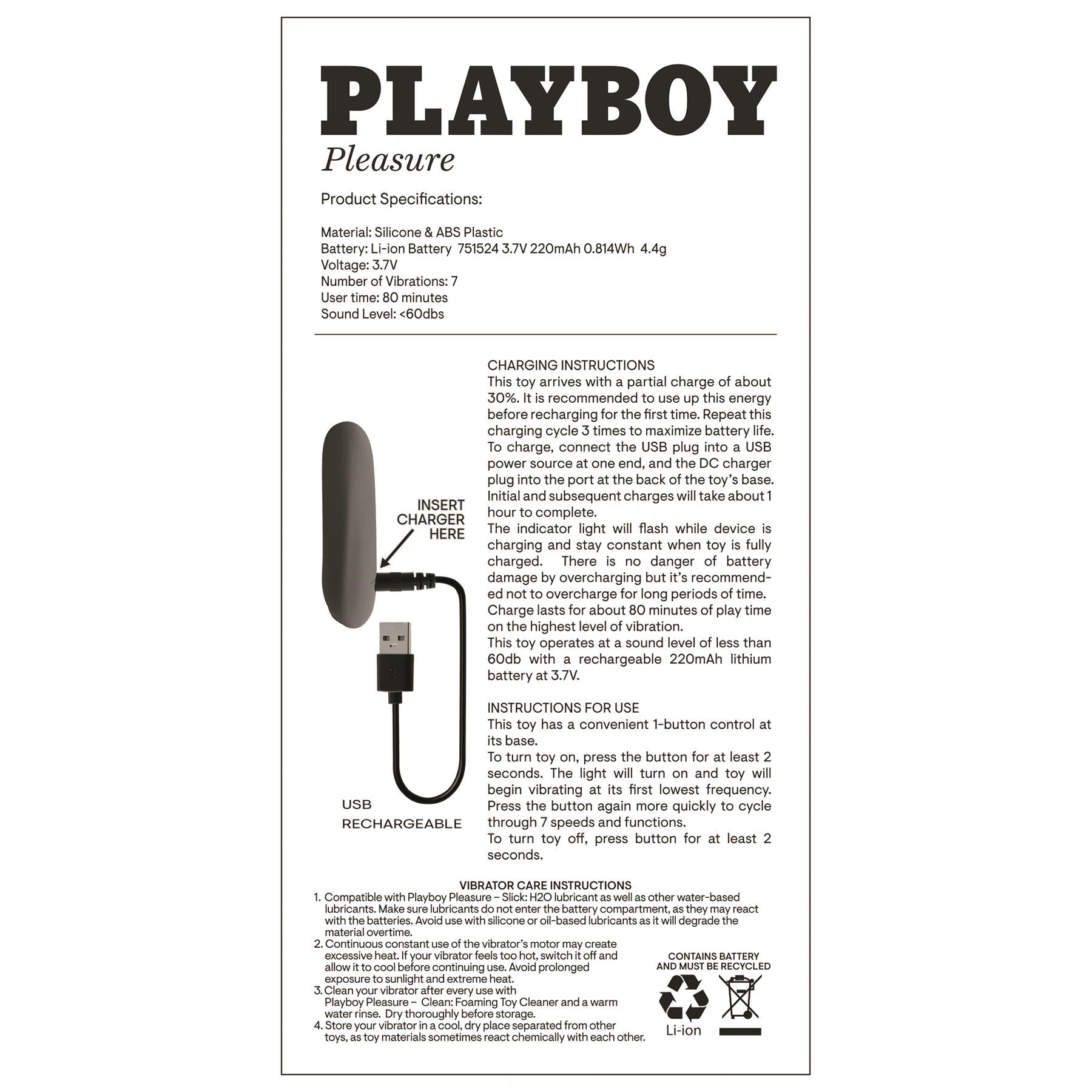 Playboy Pleasure Bullet Vibrator - Instructions