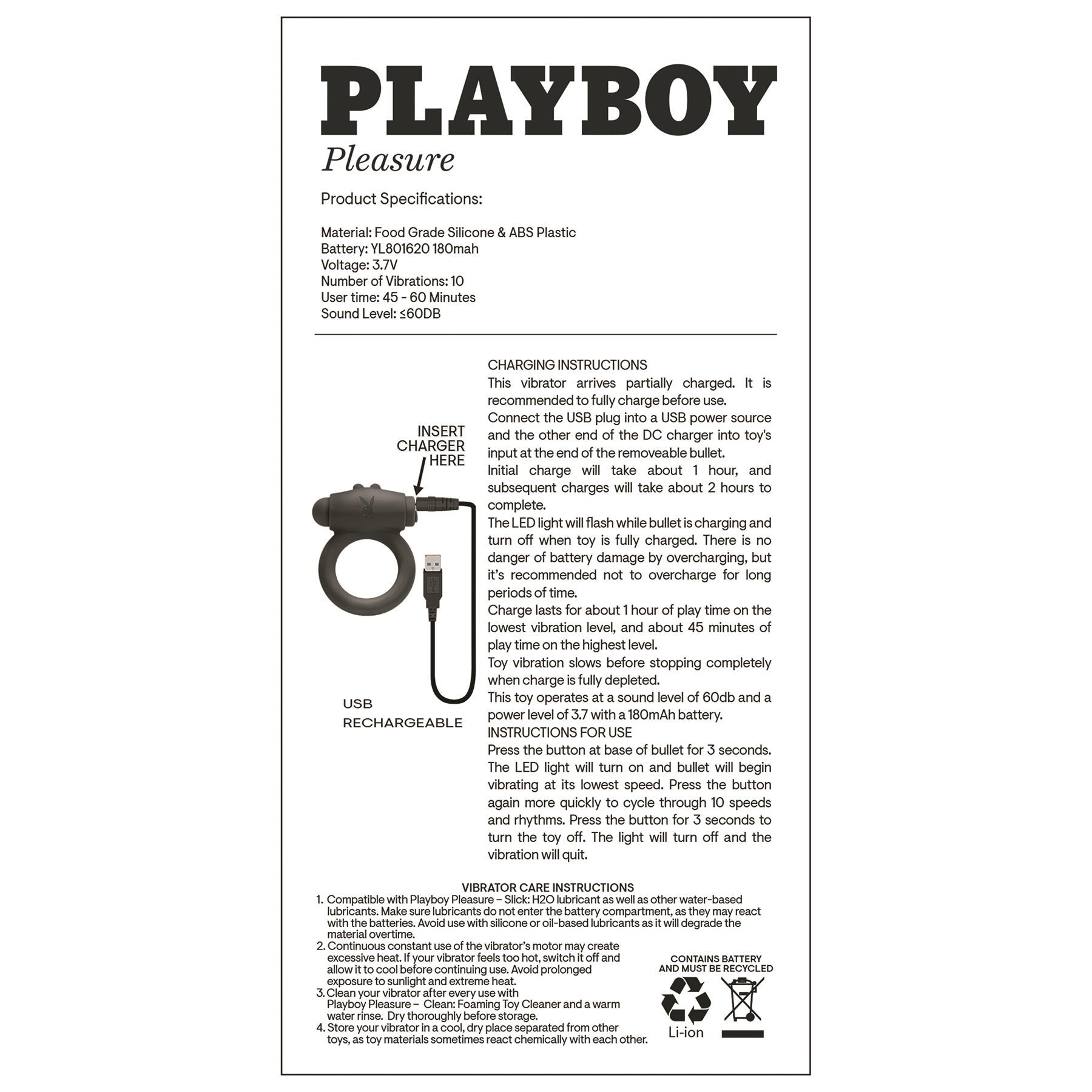 Playboy Pleasure Bunny Buzzer Penis Ring - Instructions