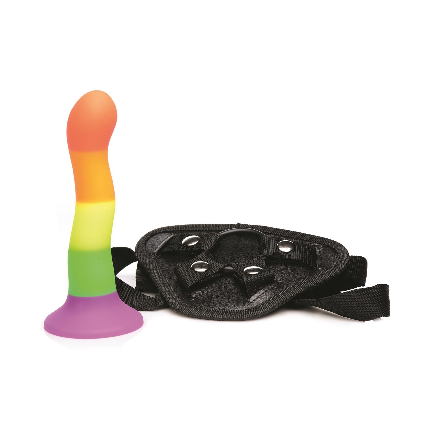 Proud Rainbow Silicone Dildo With Harness - Product Shot