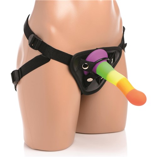 Proud Rainbow Silicone Dildo With Harness - Product on Mannequin
