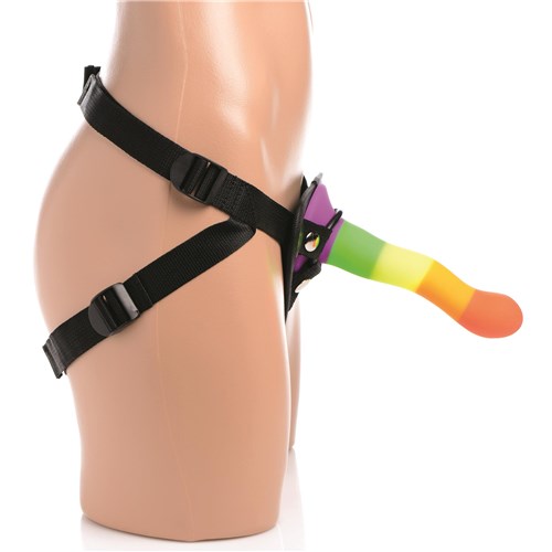 Proud Rainbow Silicone Dildo With Harness - Product on Mannequin