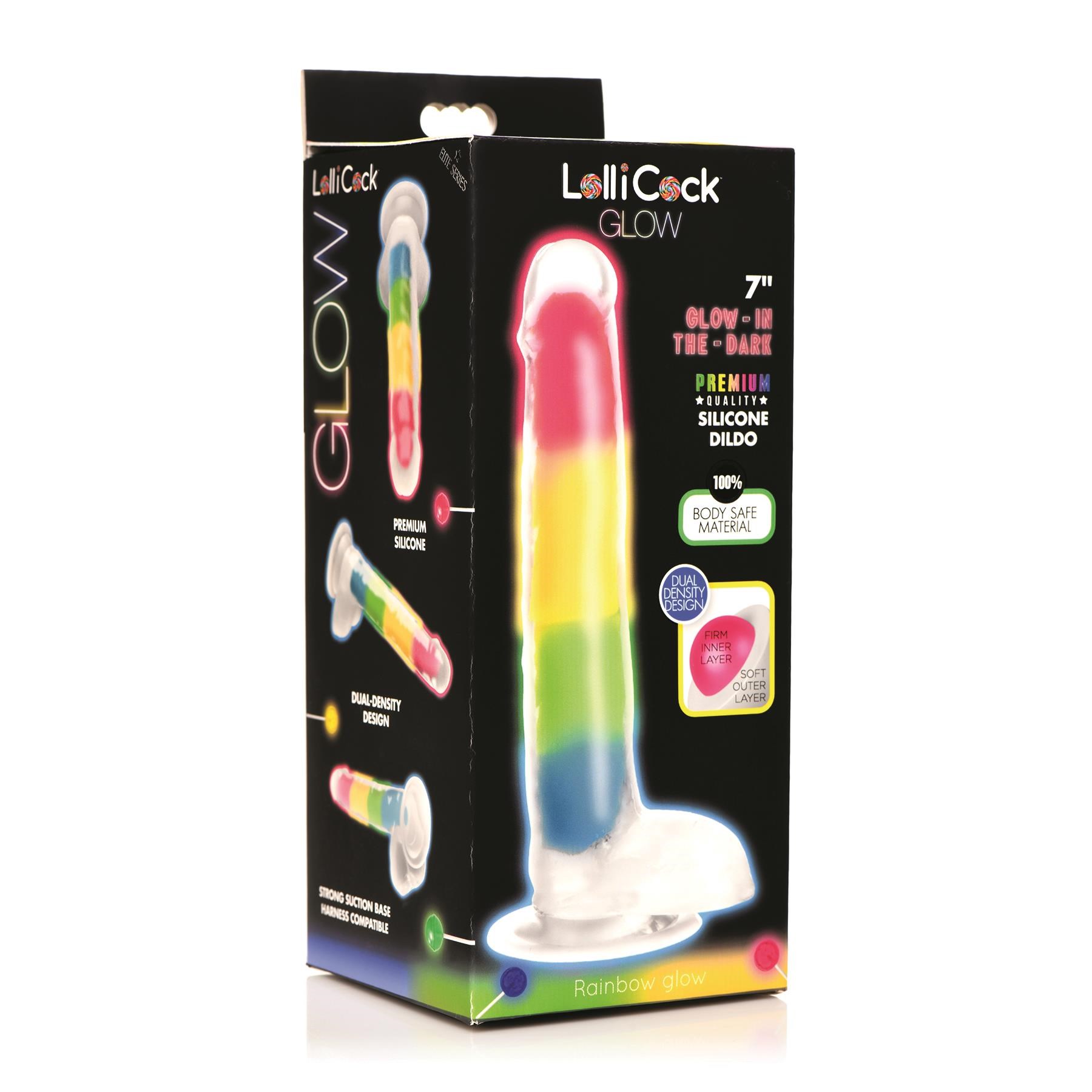 Lollicock 7 Inch Glow in the Dark Rainbow Dildo With Balls - Packaging Shot