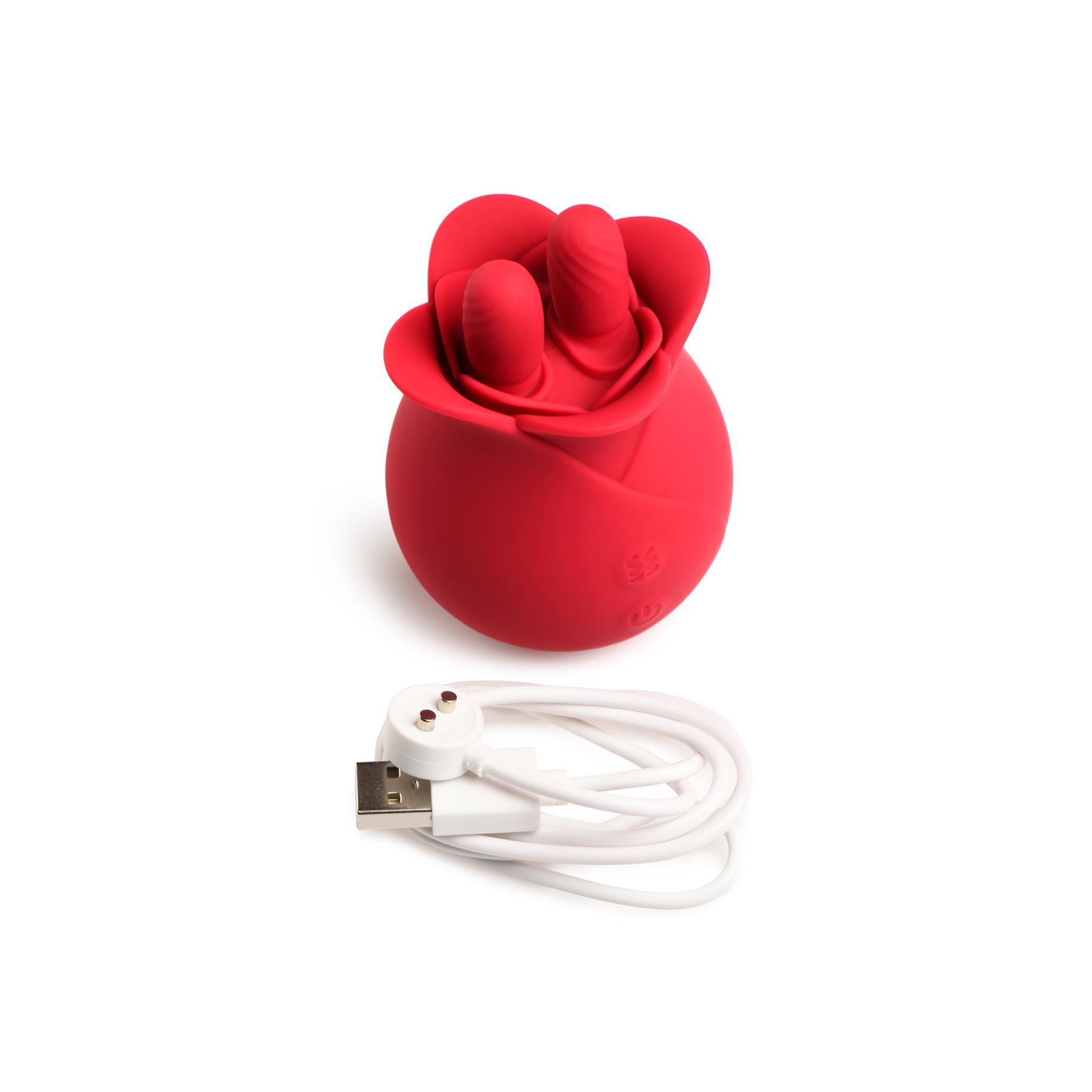 Bloomgasm Rose Fondle Massager - Product and Charging Cable