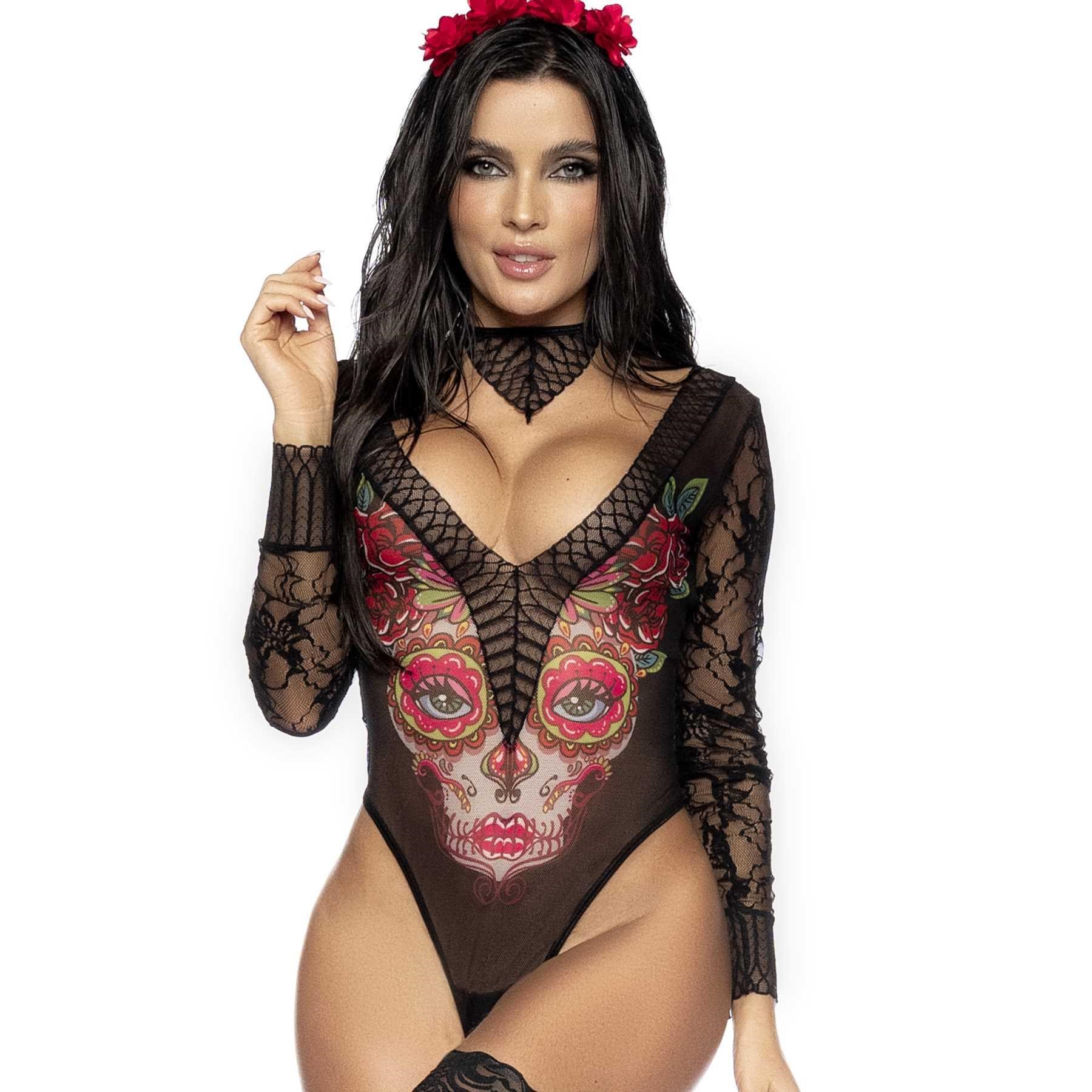 Sexy Catrina - 3PC. Long Sleeved Bodysuit, Collar, and Head Piece. front cropped