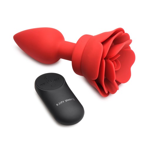 Booty Sparks Vibrating Rose Anal Plug with Remote Control - Product and Remote - Medium