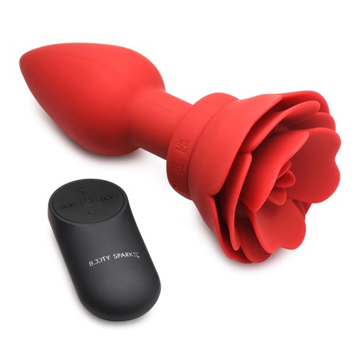 Booty Sparks Vibrating Rose Anal Plug with Remote Control - Product and Remote - Large