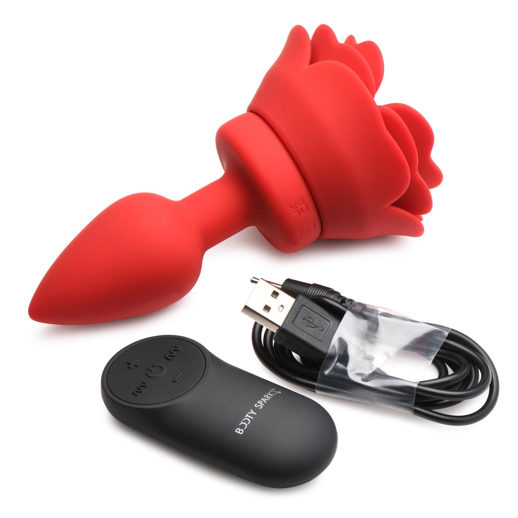 Booty Sparks Vibrating Rose Anal Plug with Remote Control - Product & Remote Showing Charging Cable
