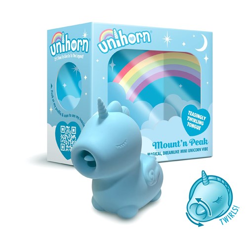 Unihorn Mount'n Peak Mini Unicorn Vibrator - Product and Packaging
