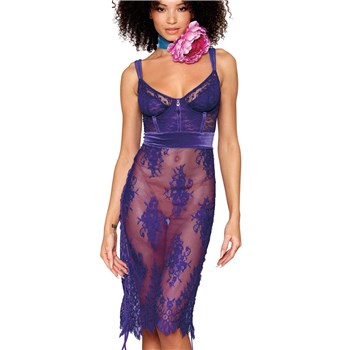 I543-Floral Lace and Stretch Velvet Slip Chemise front cropped o/s violet