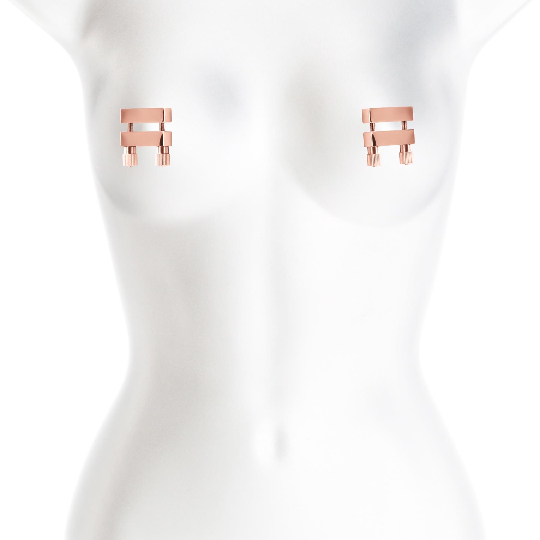 Bound Rose Gold Square Nipple Clamps With Screws - Product Shot on Mannequin