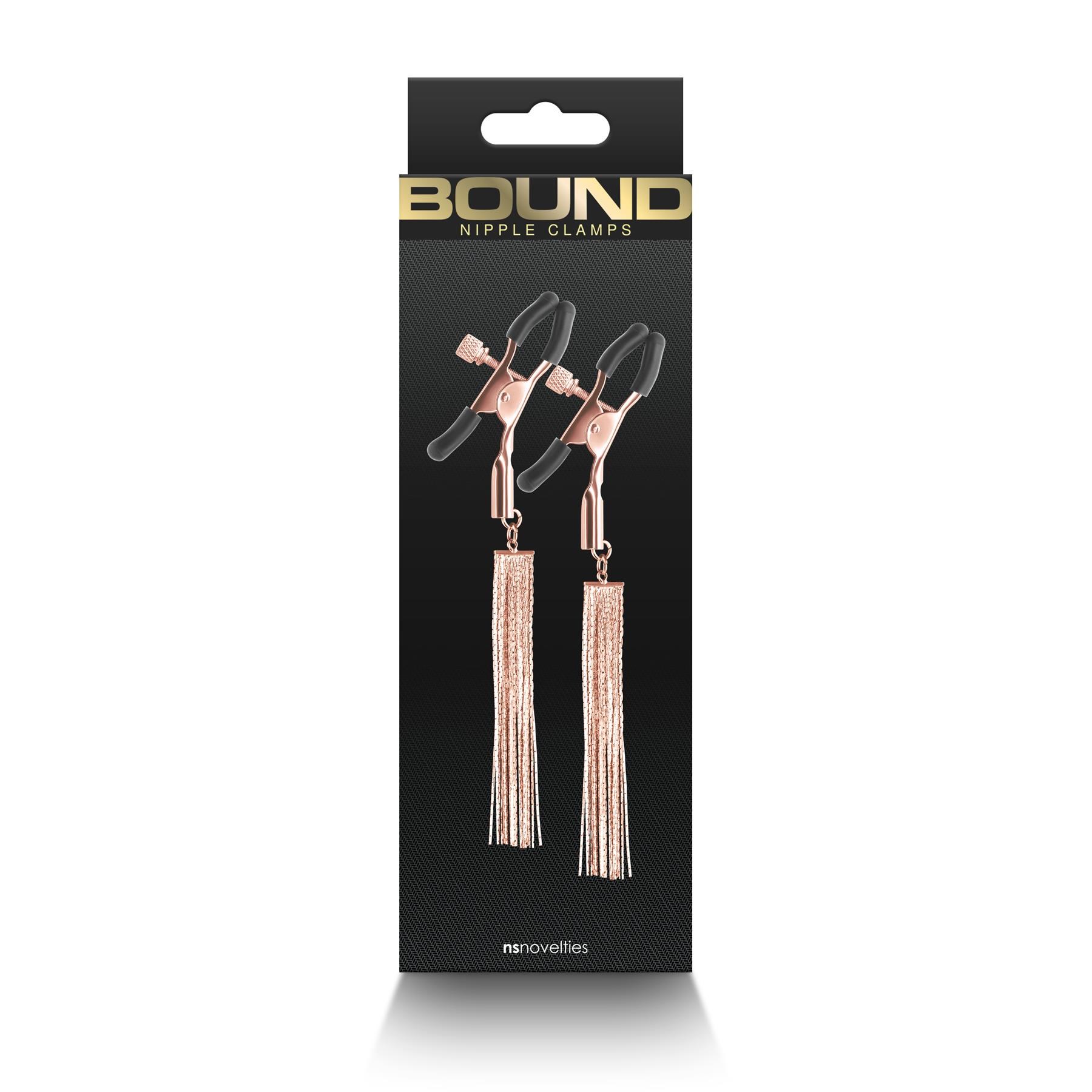 Bound Rose Gold Nipple Clamps With Tassels - Packaging Shot