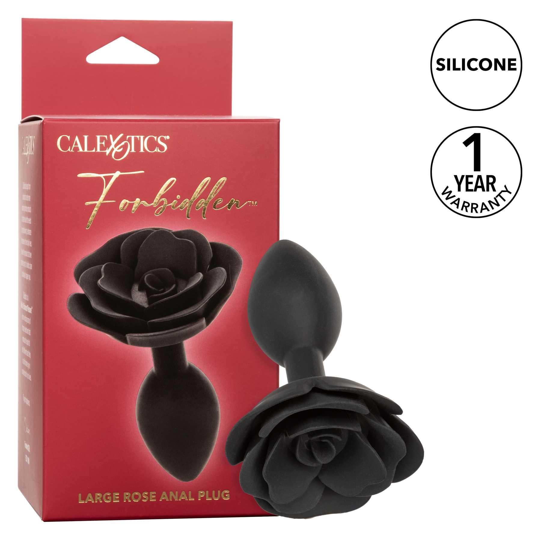 Forbidden Large Rose Anal Plug front of box with rose downward facing and feature call outs