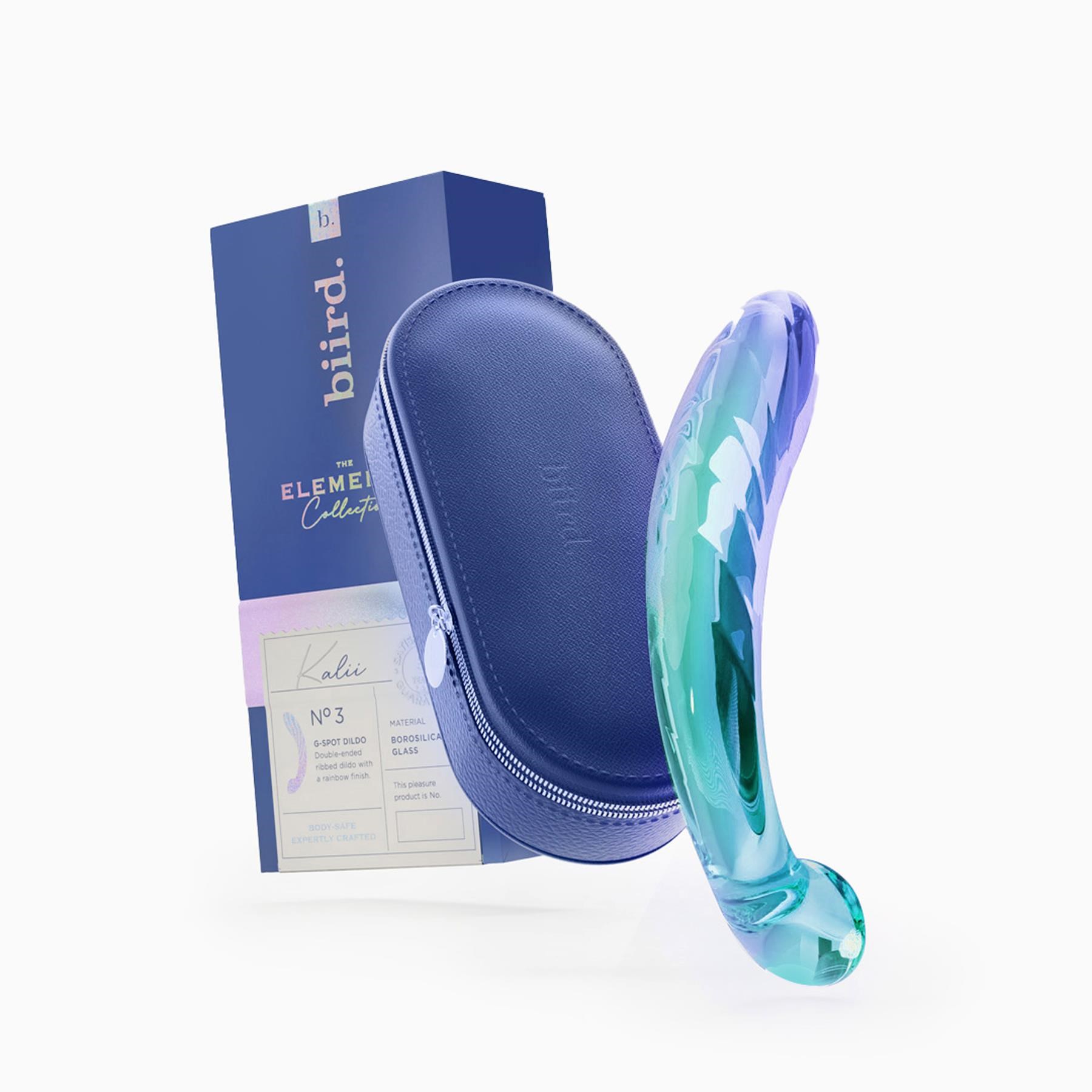 Biird Kalii Glass G-Spot Dildo - Product and Packaging