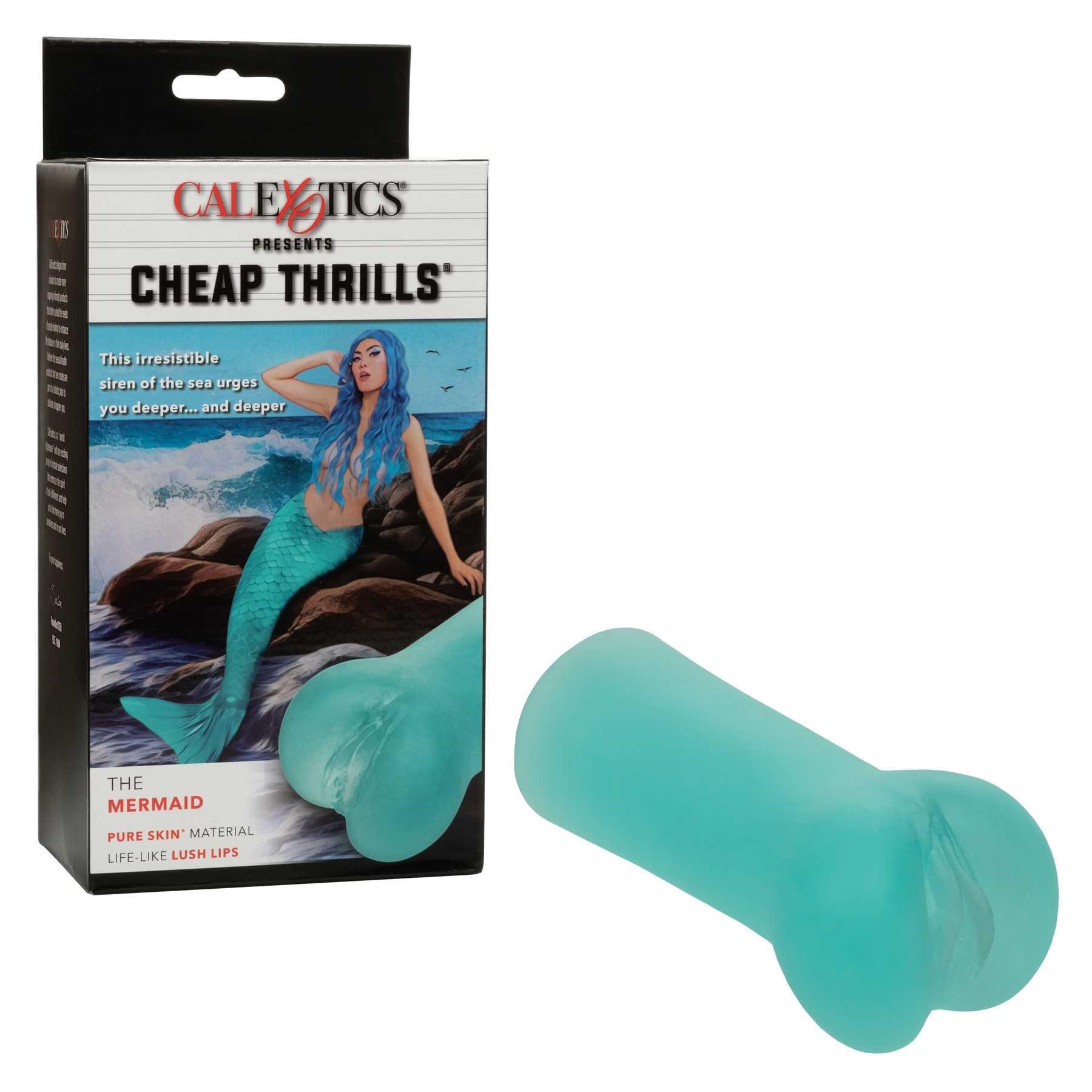 Cheap Thrills the Mermaid Stroker front of package with stroker beside