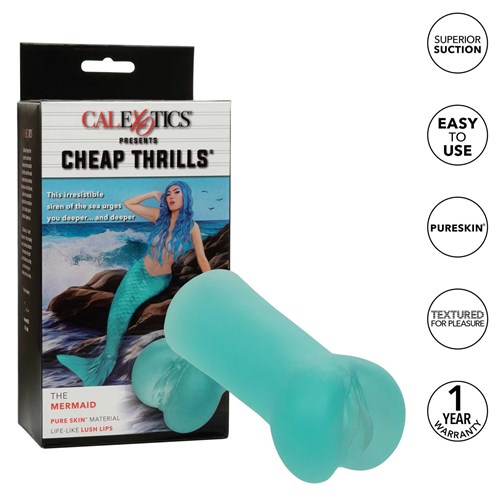 Cheap Thrills the Mermaid Stroker front of package with stroker beside and call out features