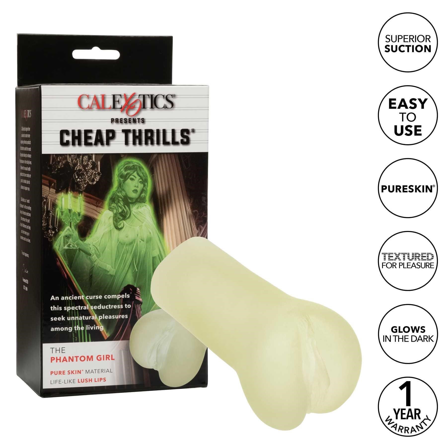 Cheap Thrills the Phantom Girl Stroker front of box with stroker beside and features call outs