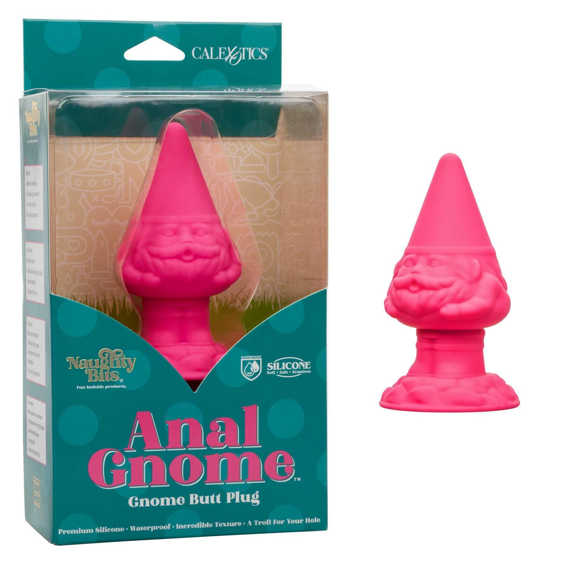 Naughty Bits Anal Gnome Butt Plug front of package with plug beside