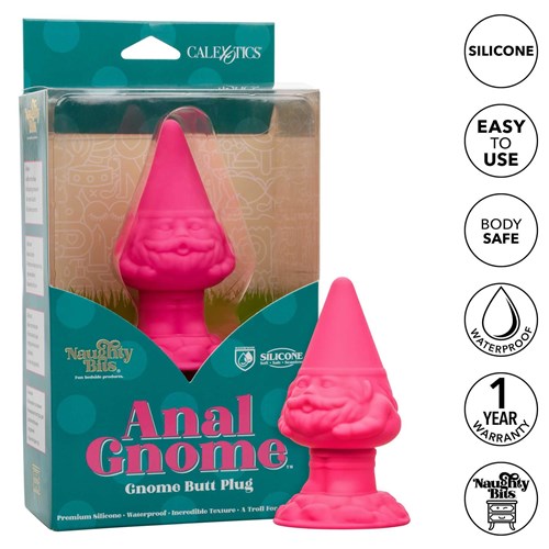 Naughty Bits Anal Gnome Butt Plug front of package with plug beside and call out features