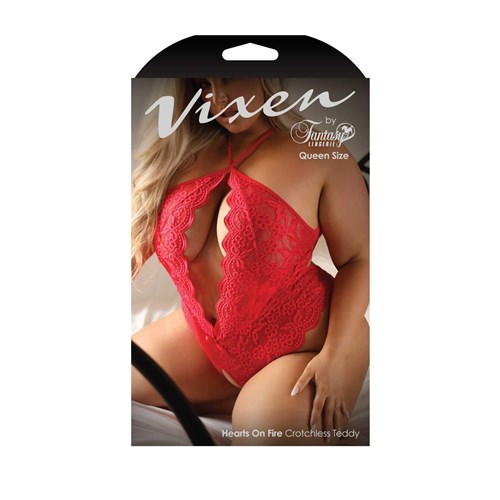 Hearts On Fire Crotchless Teddy front of box queen