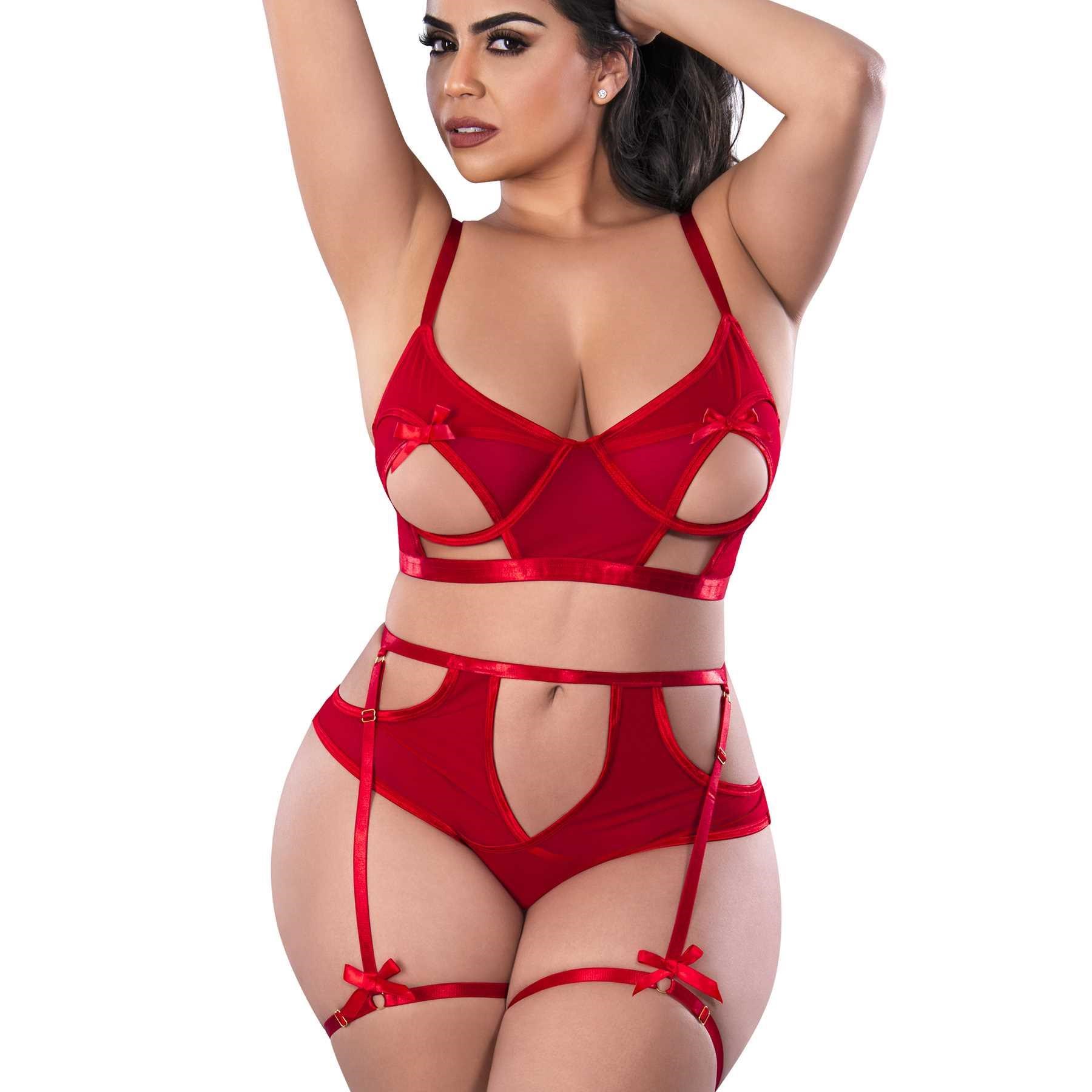 Holidaze bralette high waist panty set w/removable garters red front queen