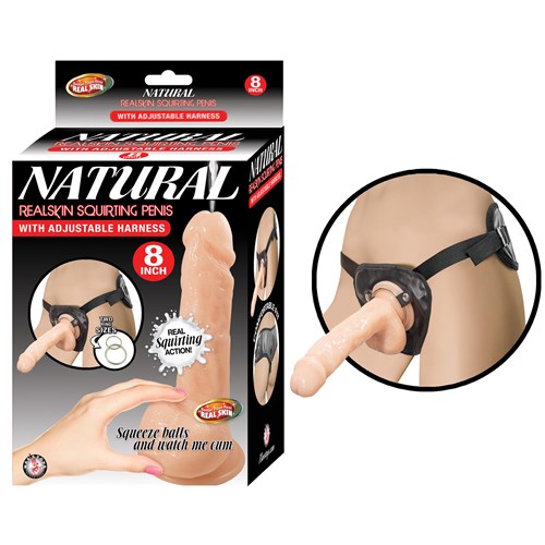 Natural Realskin Squirting Penis With Harness Product and Packaging