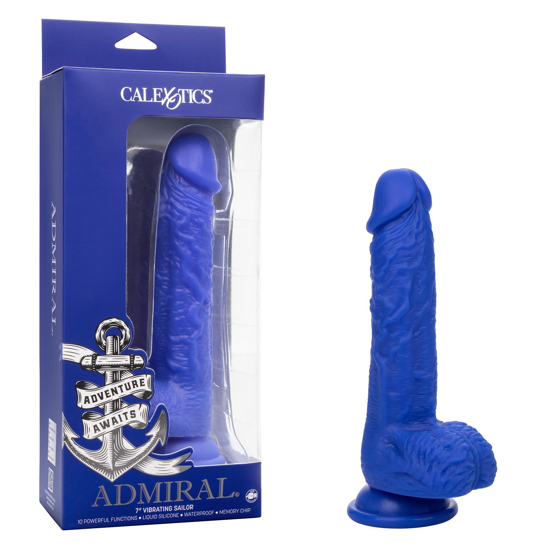 Admiral 7 Inch Vibrating Sailor Dildo - Product and Packaging