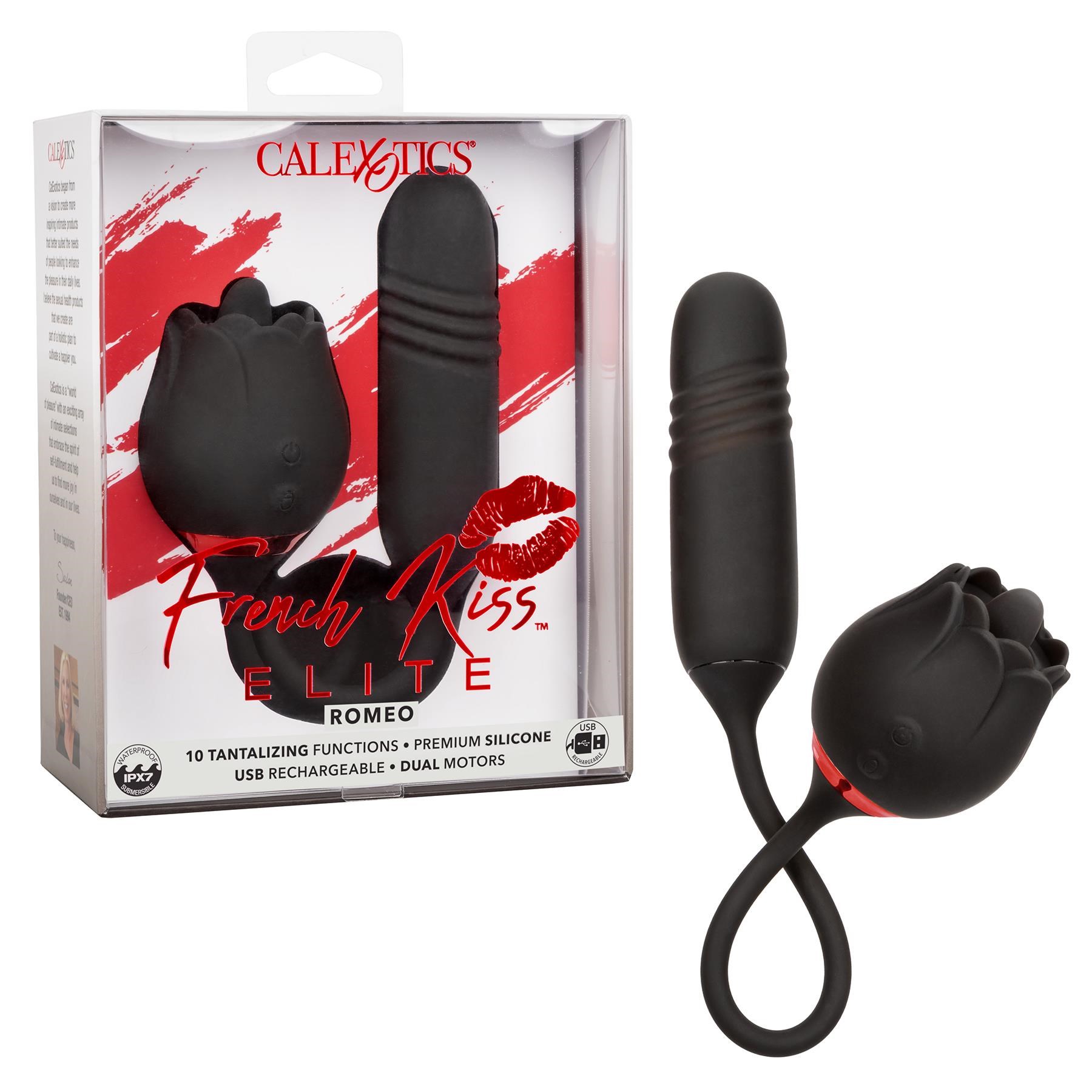 French Kiss Elite Romeo Clitoral and Thrusting Anal Vibrator - Product and Packaging