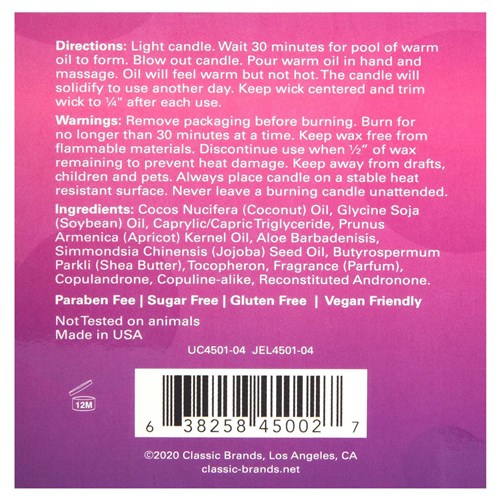 MASSAGE CANDLE WITH PHEROMONES -SMITTEN back of packaging