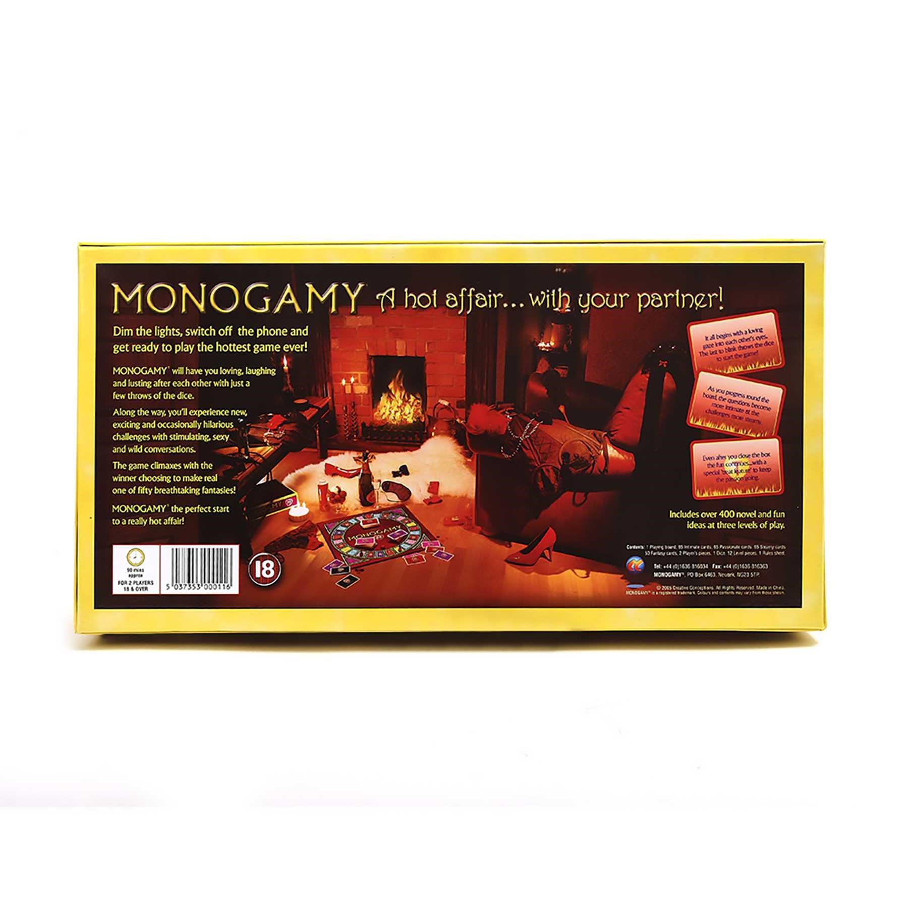Monogamy A Hot Affair With Your Partner Game Box and game components Spanish back of box