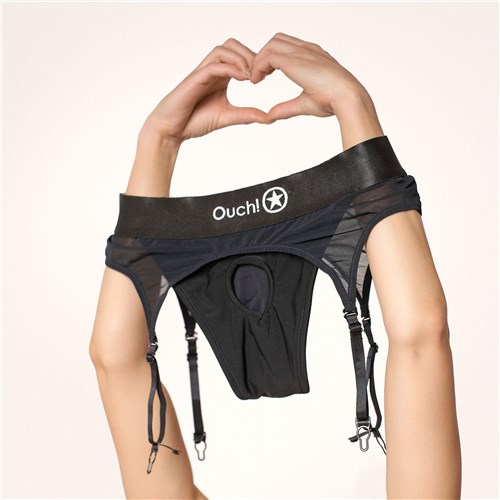 Ouch! Vibrating Strap-On Thong With Garters - Product Shot