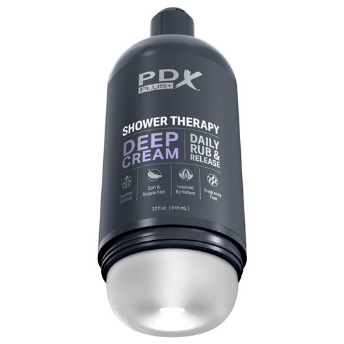 PDX Plus Shower Therapy Deep Cream Discreet Stroker laying flat with cap off