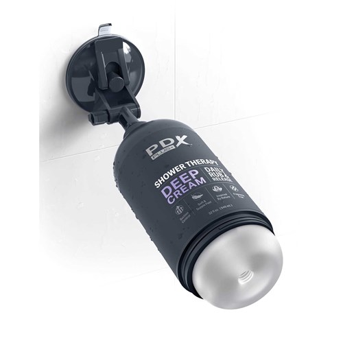 PDX Plus Shower Therapy Deep Cream Discreet Stroker with mount attached