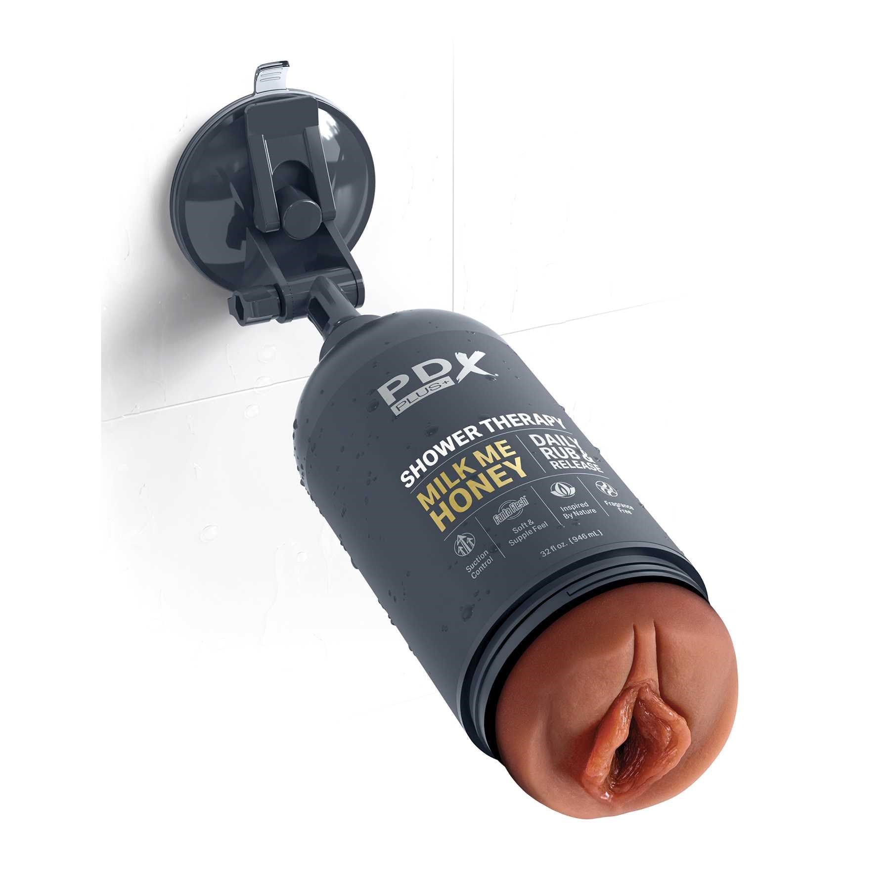 PDX Plus Shower Therapy Milk Me Honey Discreet Stroker brown with mount attached