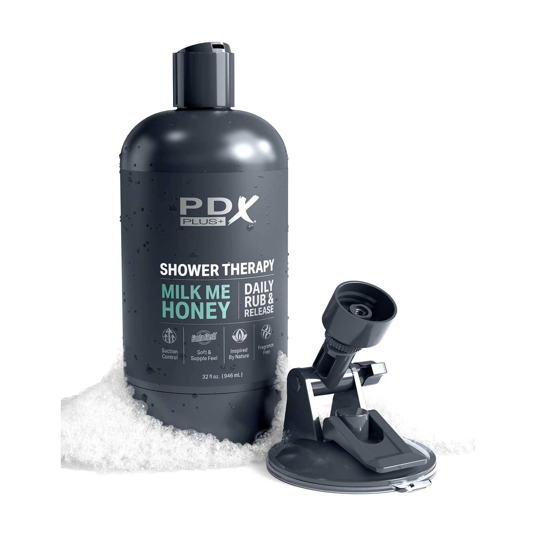PDX Plus Shower Therapy Milk Me Honey Discreet Stroker white next to mount