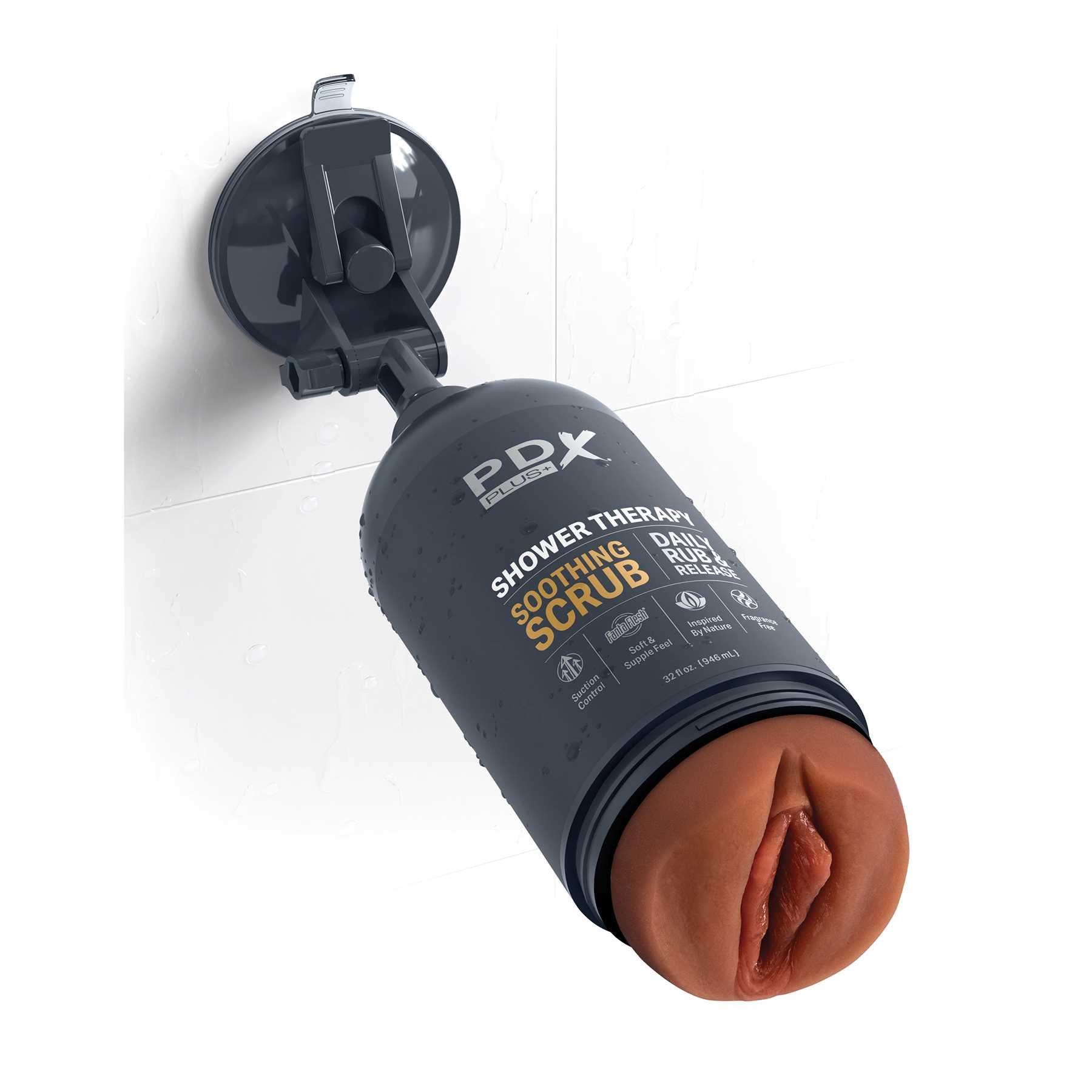 PDX Plus Shower Therapy Soothing Scrub Discreet Stroker brown with mount attached