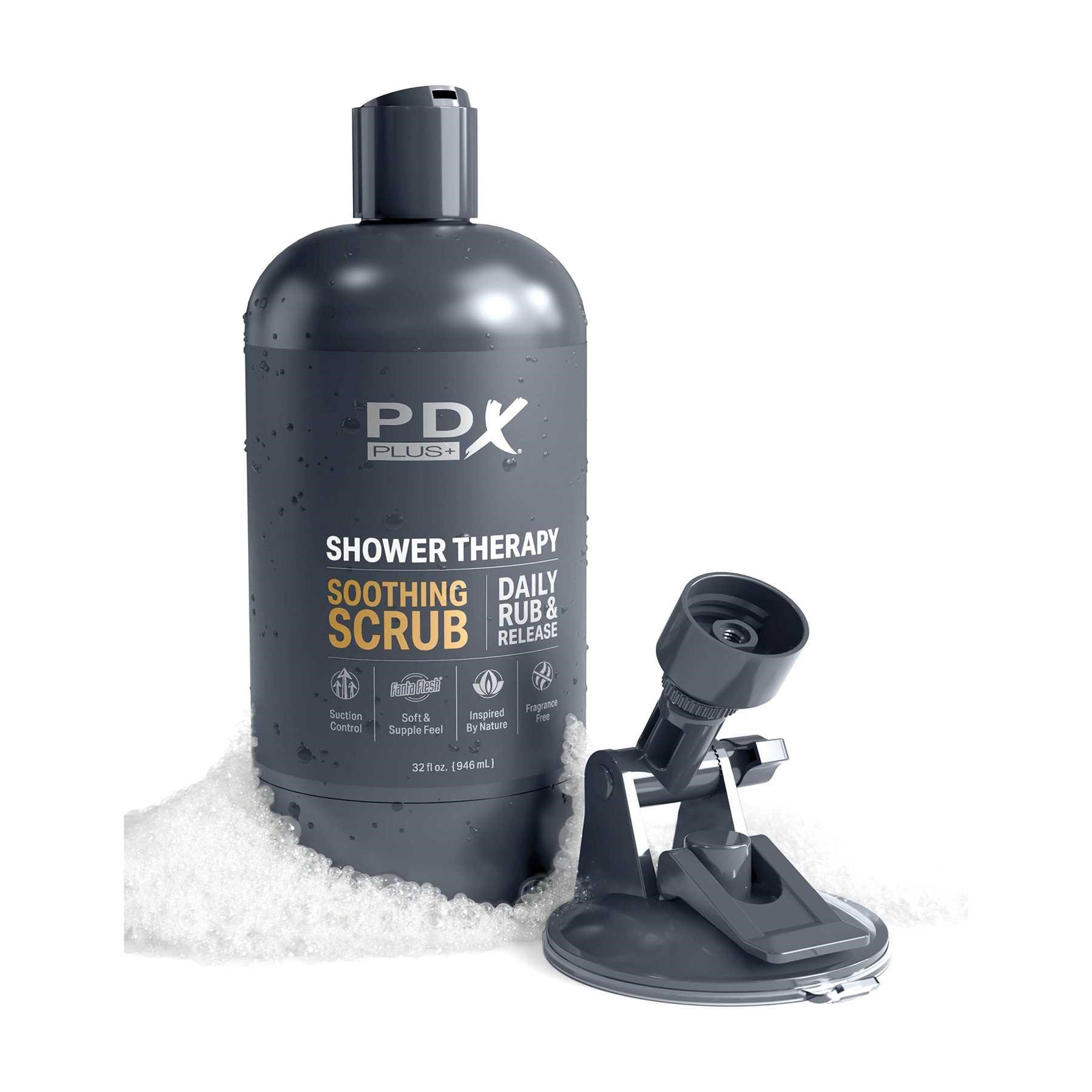 PDX Plus Shower Therapy Soothing Scrub Discreet Stroker brown next to mount