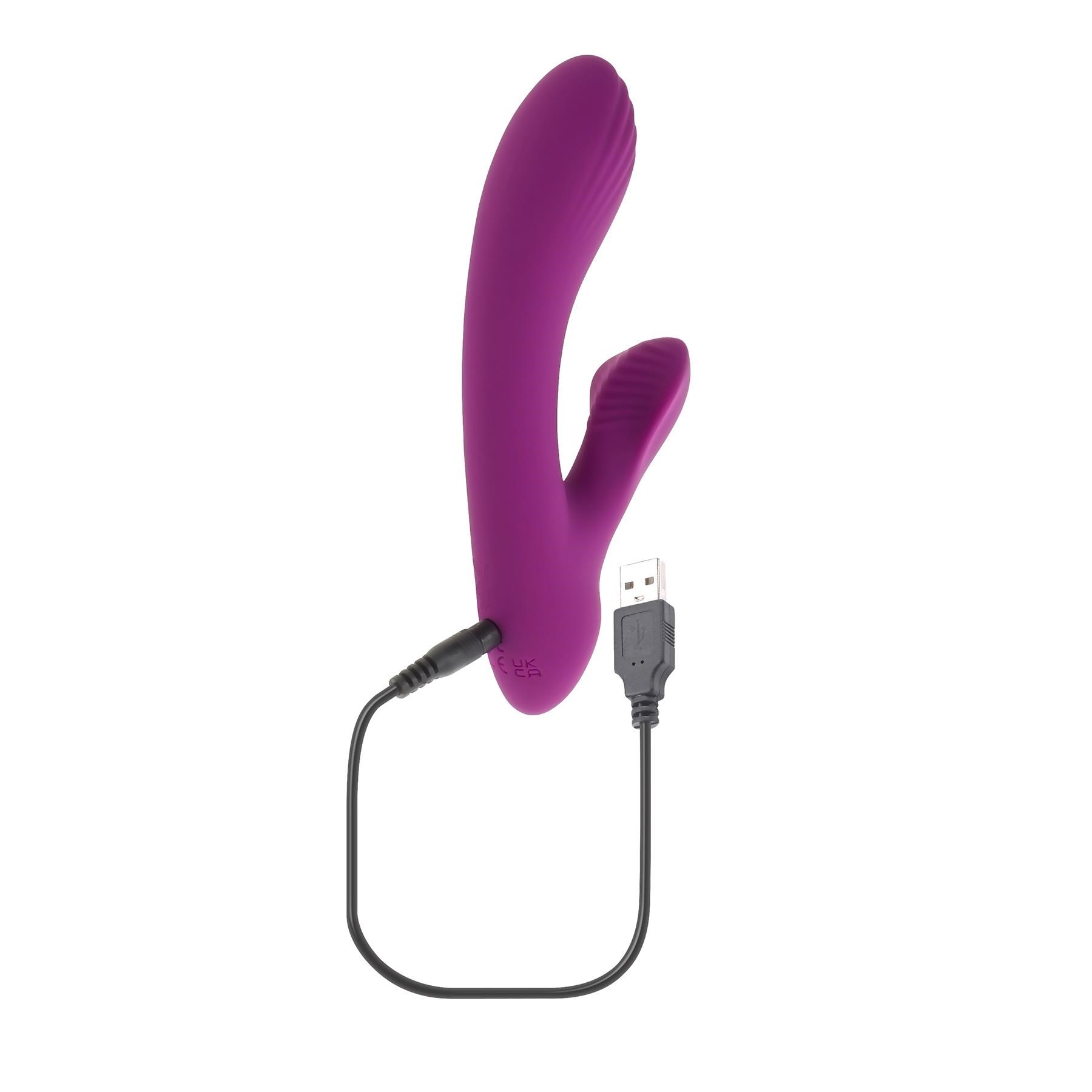 Playboy Pleasure Bitty Bunny Vibrator - Product Shot With Charging Cable