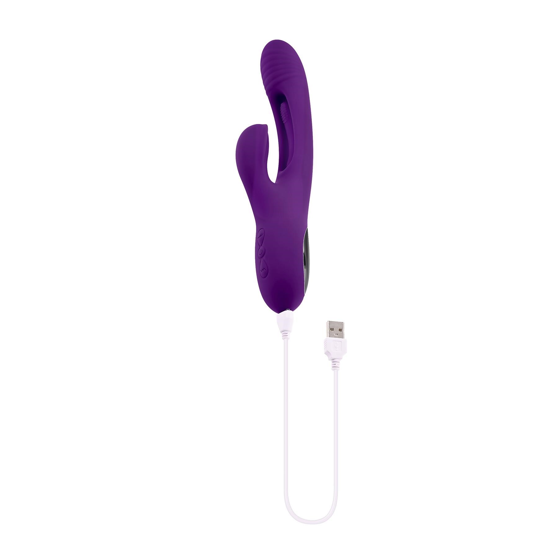 Playboy Pleasure The Thrill Rabbit Vibrator - Product Shot - With Charging Cable