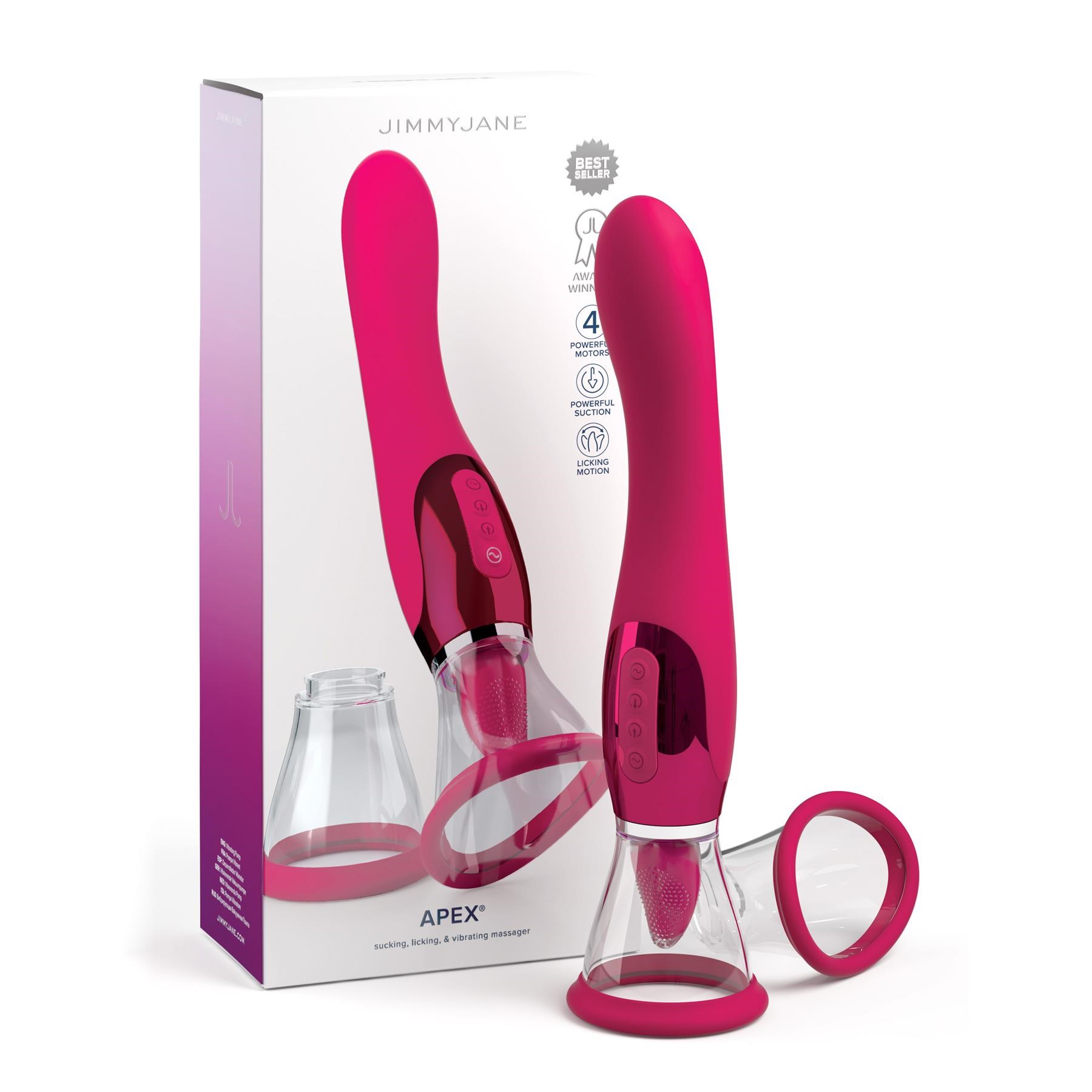 Jimmy Jane Apex Sucking, Licking and Vibrating Pussy Pump - Product and Packaging