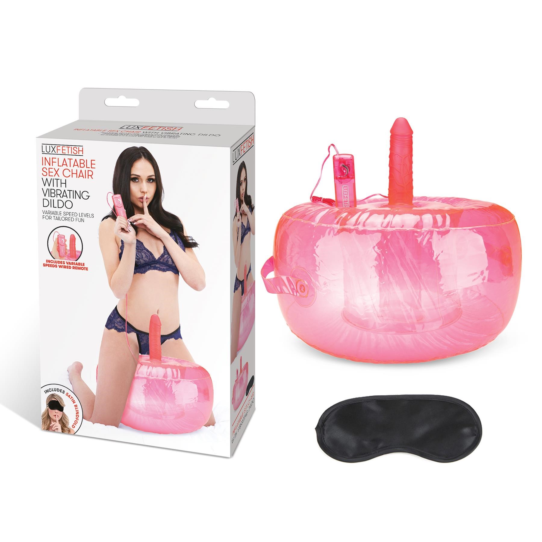 Lux Fetish Inflatable Sex Chair With Vibrating Dildo- Product and Packaging