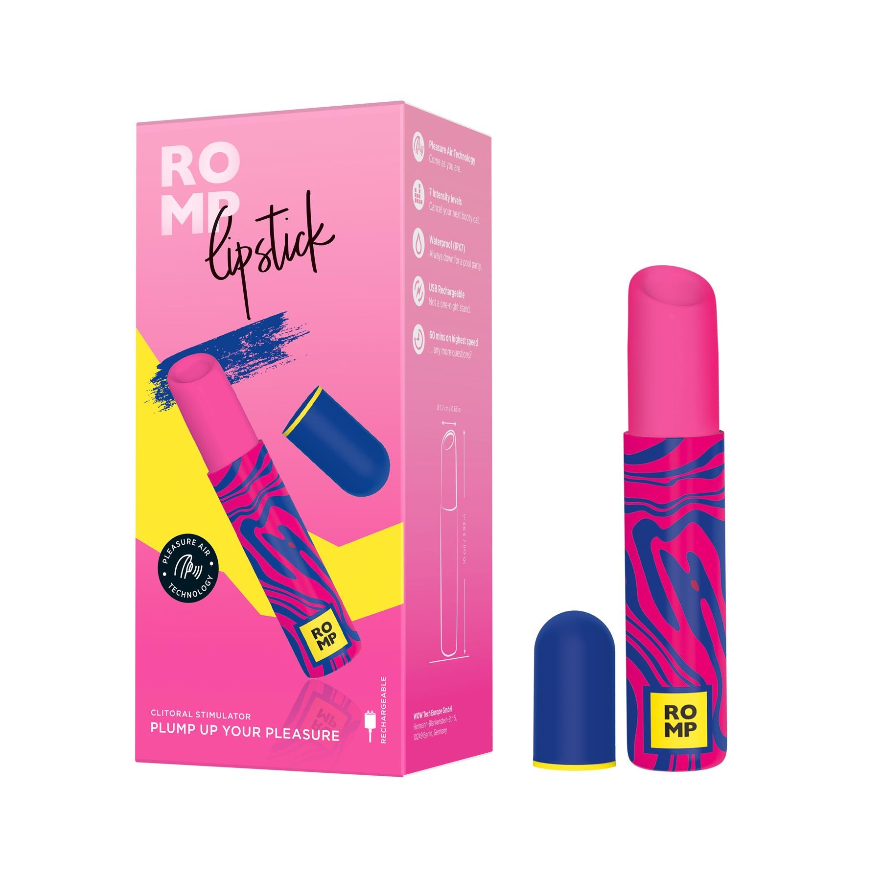 Romp Lipstick Vibrator- Product and Packaging