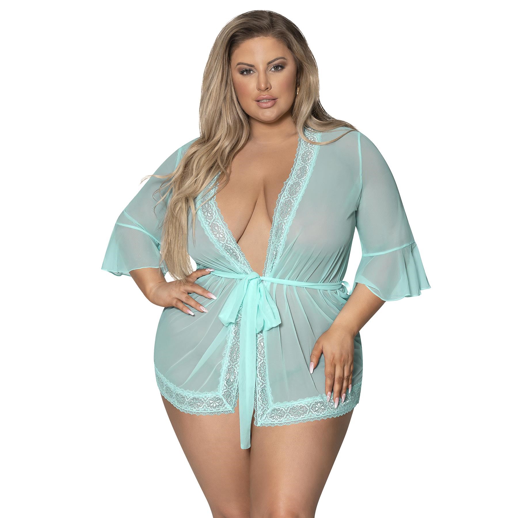 Seabreeze Flutter sleeve Robe w/ lace trim q/s front