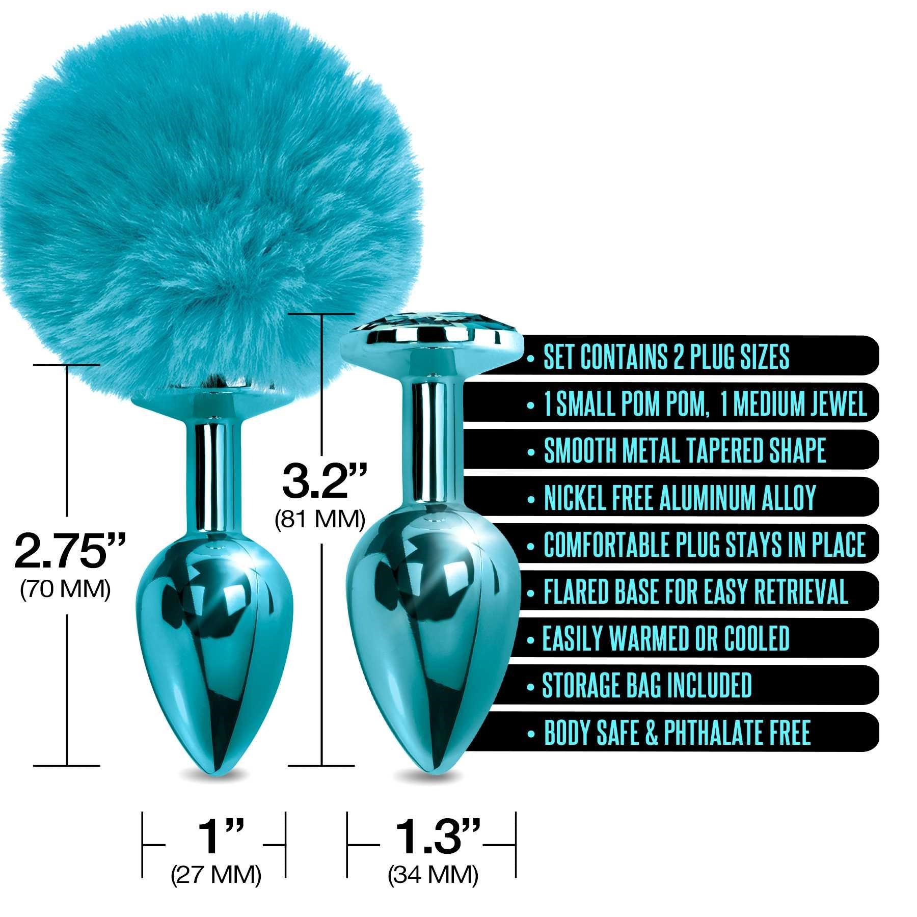 NIXIE Metal Butt Plug Set Pom Pom and Jewel Inlaid Metallic blue features call out sheet